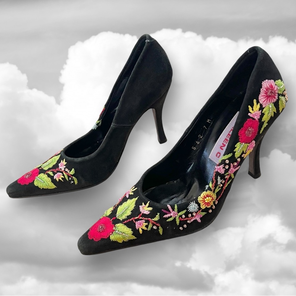 Vintage Y2K Arleen C Black Suede Colorful Floral Beaded Embroidery Heels Shoes 7